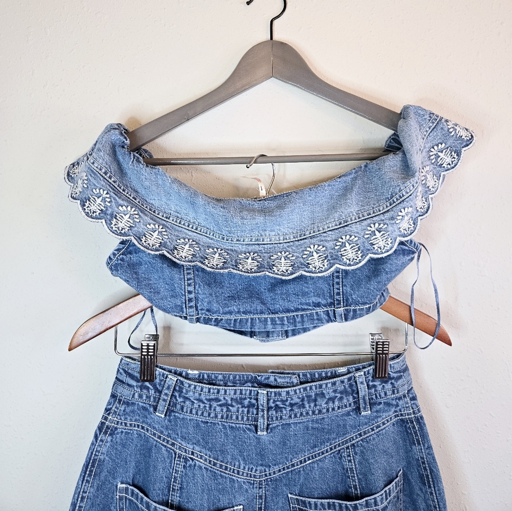 Free People Kora Crop Top Maxi Skirt Denim Embroidered Set Sz 2 NWT - Picture 15 of 15